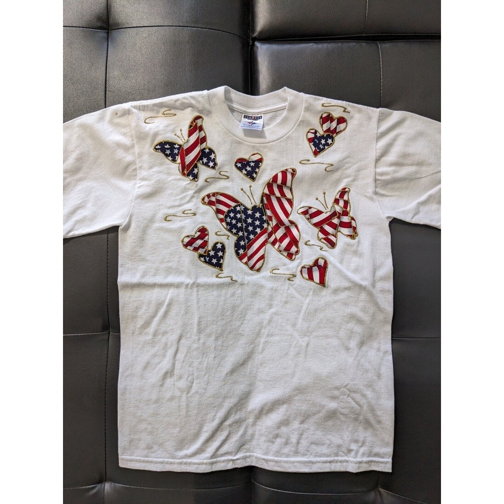 VINTAGE‎ White Jerzees T Shirt Women's Butterfly USA Flag July 4th SP